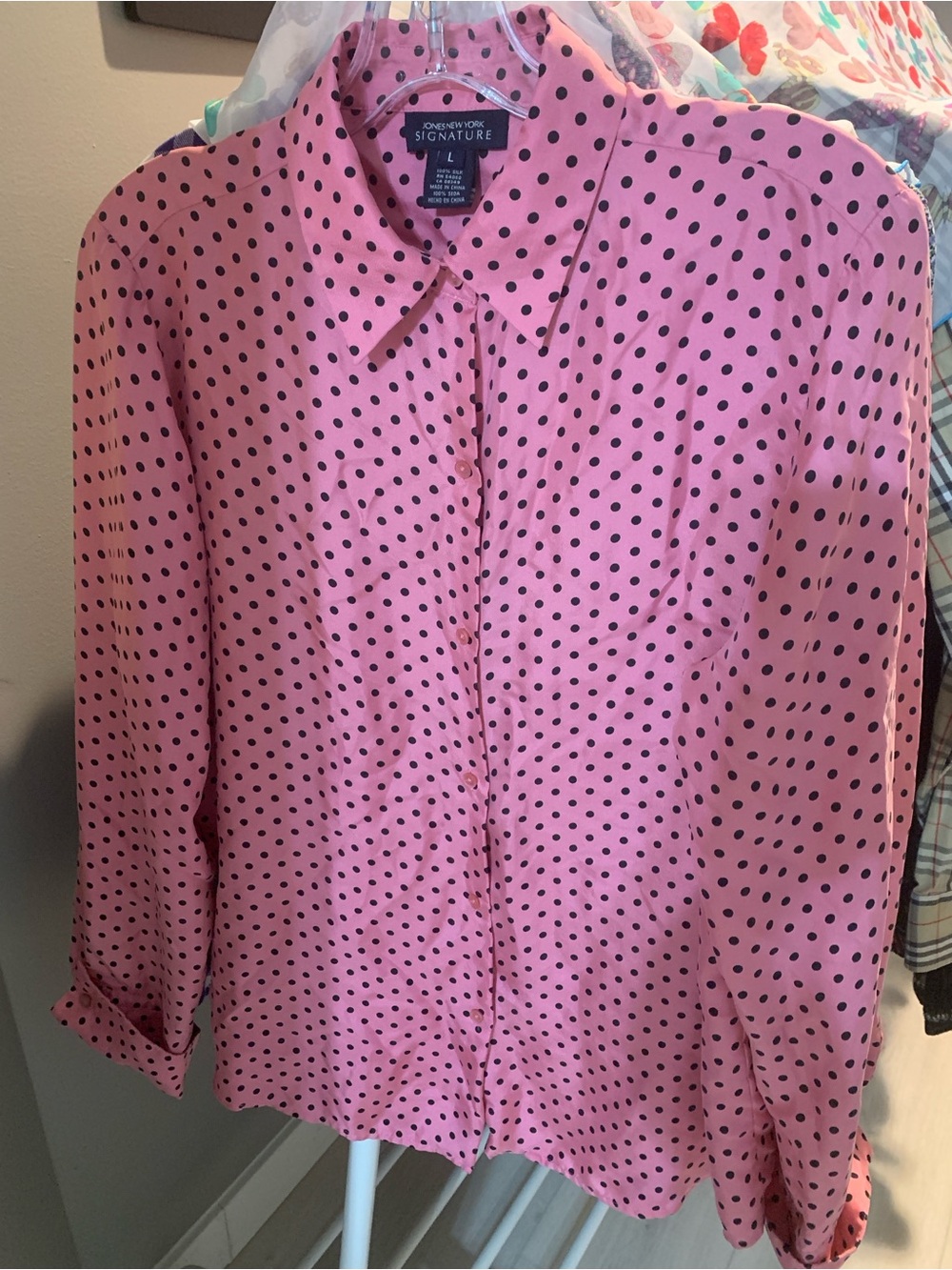 Jones New York Pink Polka Dot Button-Up Blouse 100% Silk